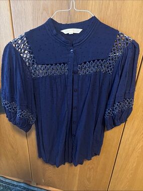 Navy Eyelet Lace Button-Front Women's Top